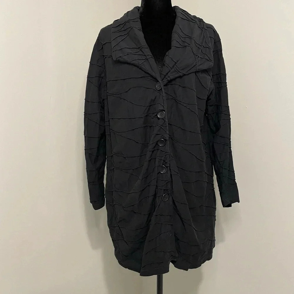 Pure by Ulla Popken Black Textured Lagenlook Cotton Button Down Shirt Jacket